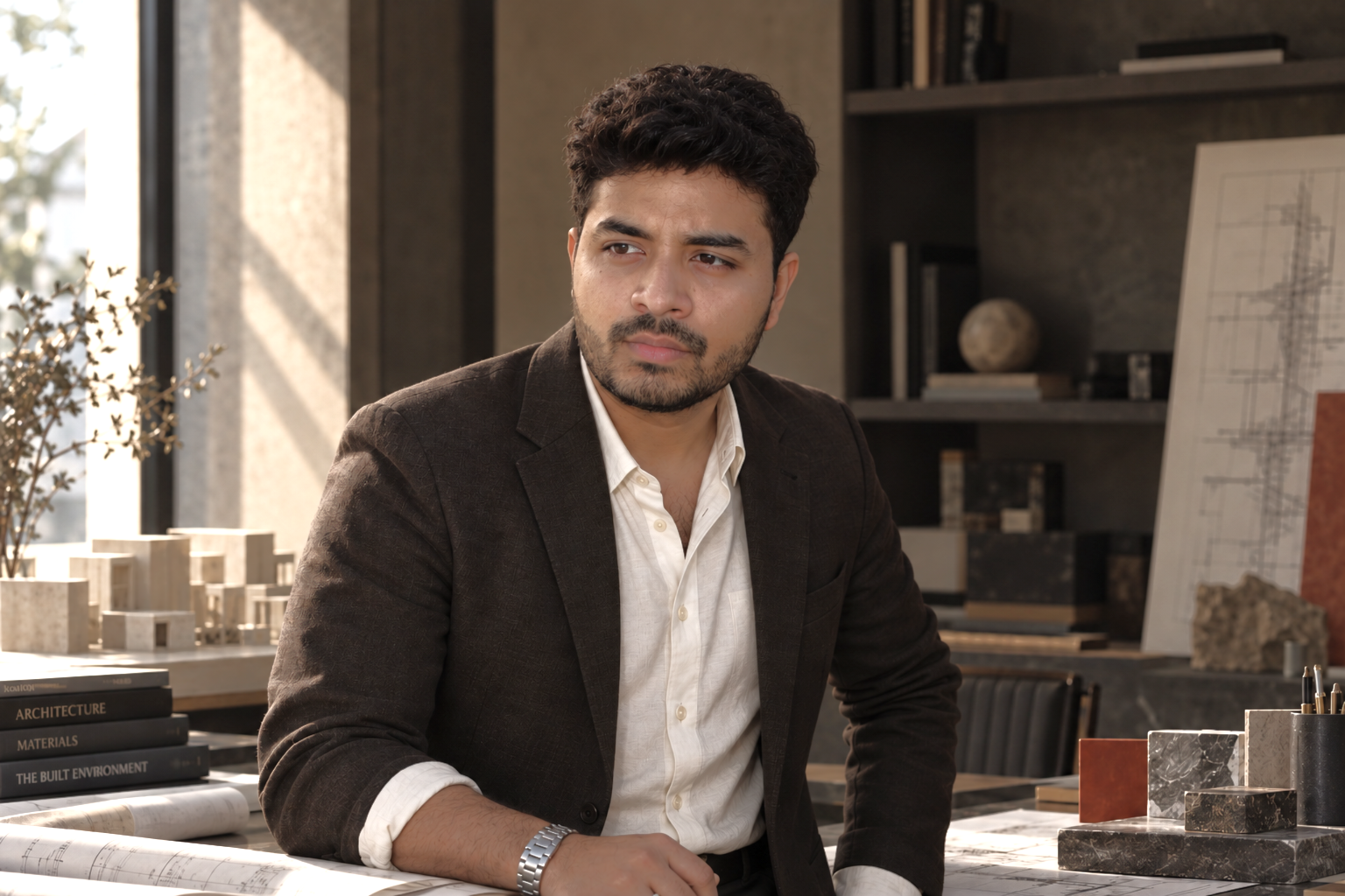 Syed Affan Ahmed, founder of BUILDCUE, in an architecture studio