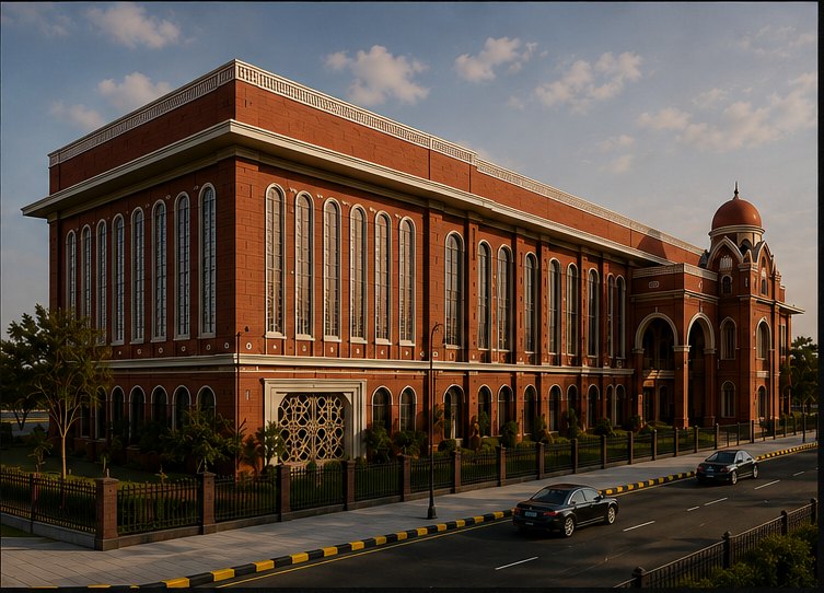 Brick exhibition centre with tall arched windows along a city street