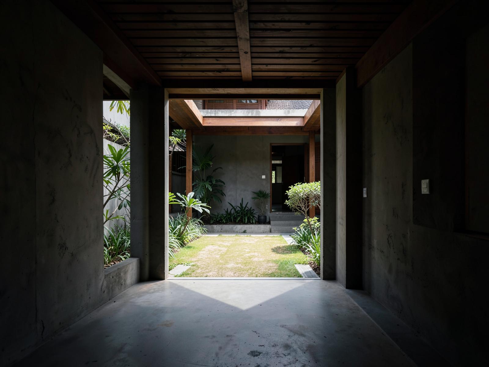 A shaded concrete and timber verandah opening onto a planted courtyard