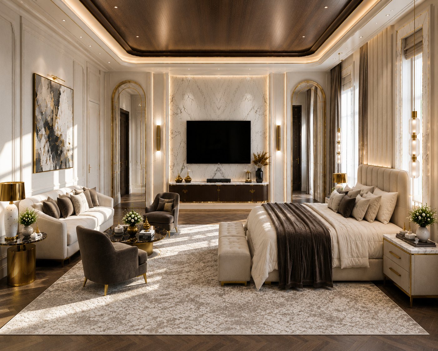 Bedroom with a marble media wall, lounge seating and brass accents