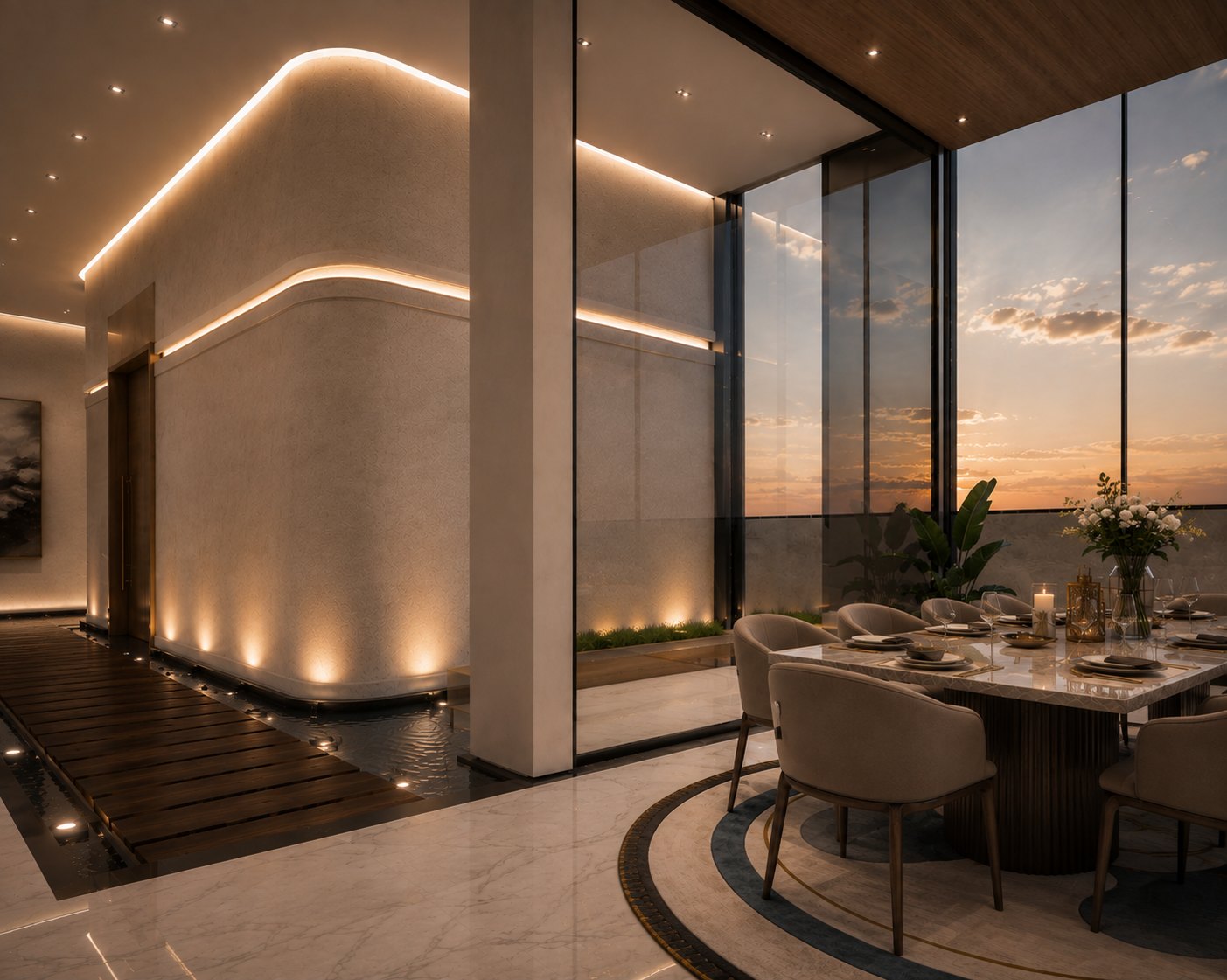 Dining room with a timber walkway over water and a sunset window wall