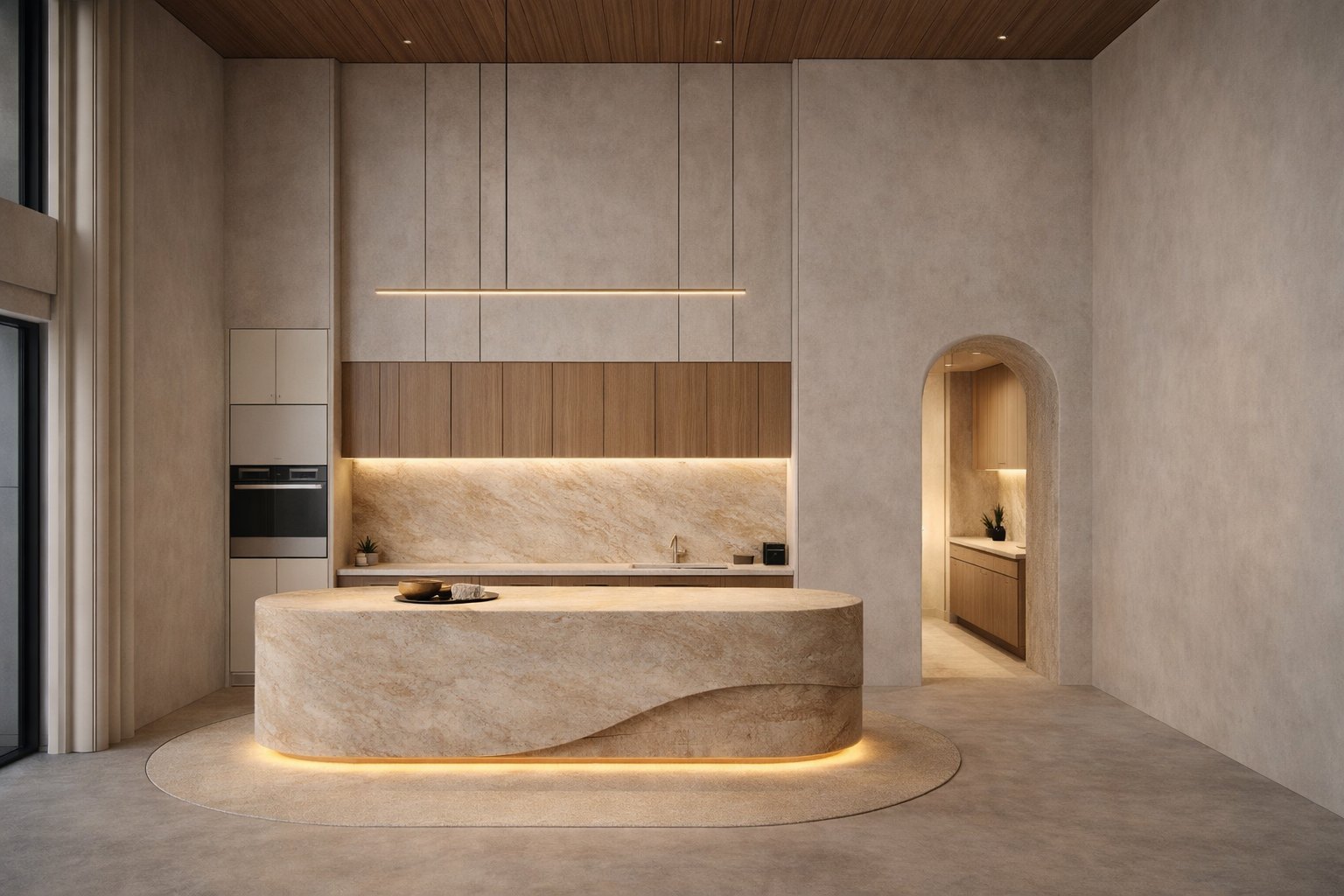 Curved stone island kitchen with timber cabinetry and an arched opening