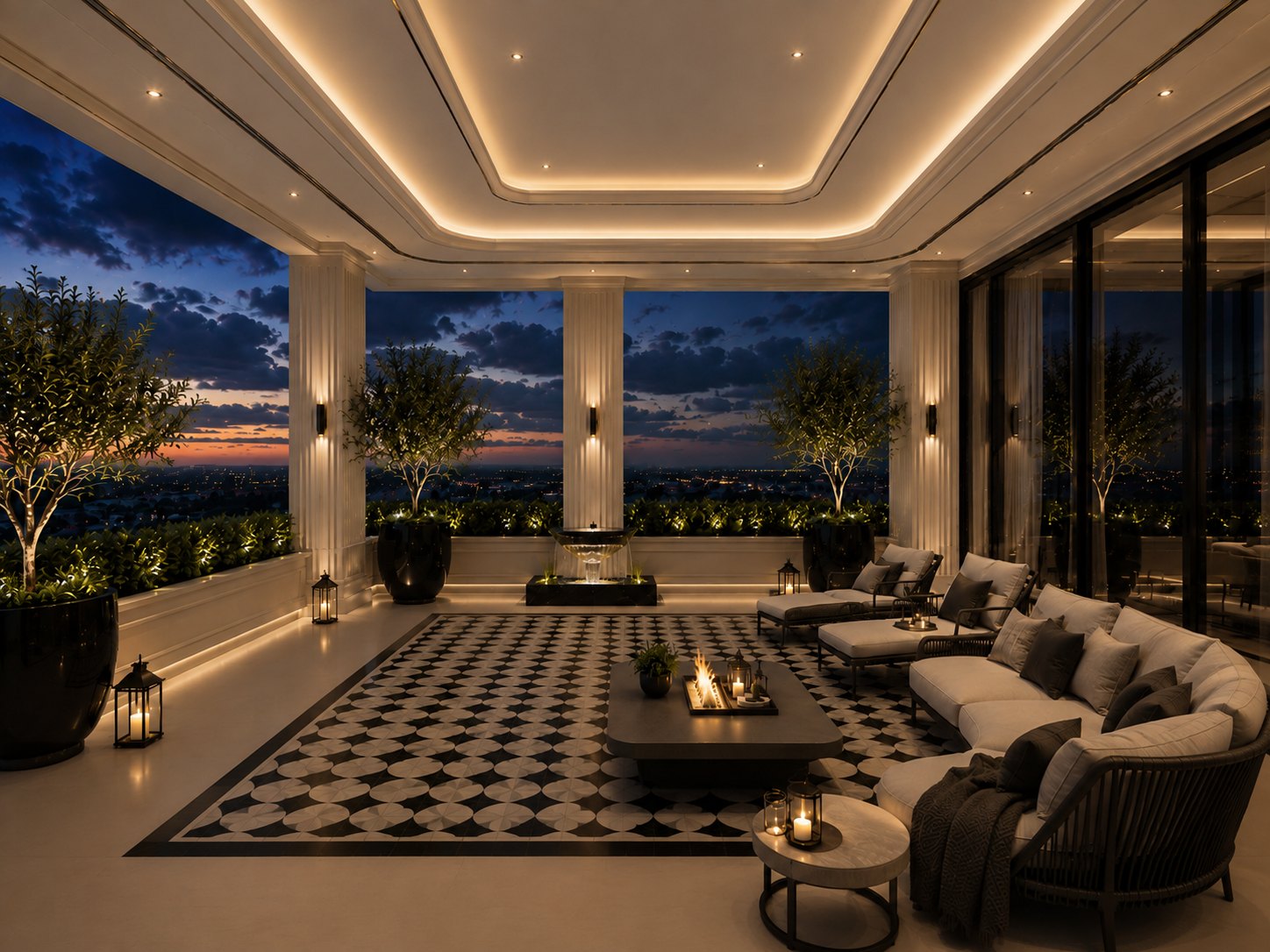 Terrace lounge at dusk with patterned flooring and a city skyline