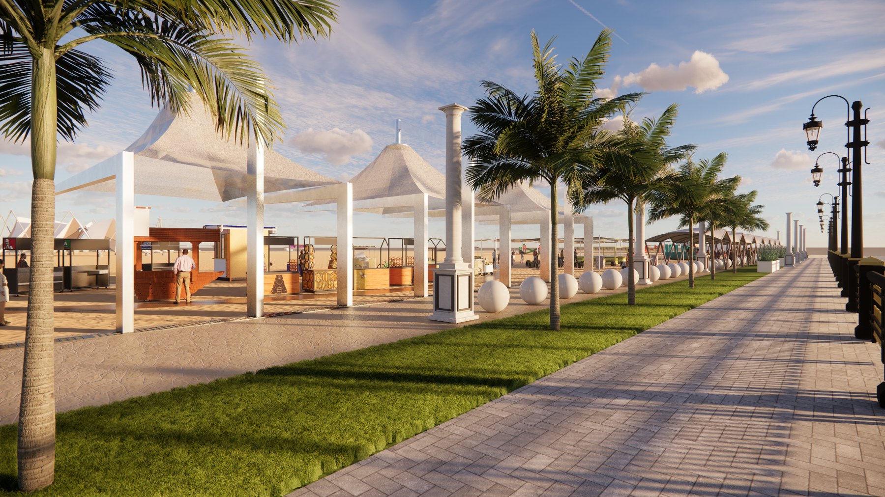 Beach promenade with white canopy structures, kiosks, palms and paved walkways