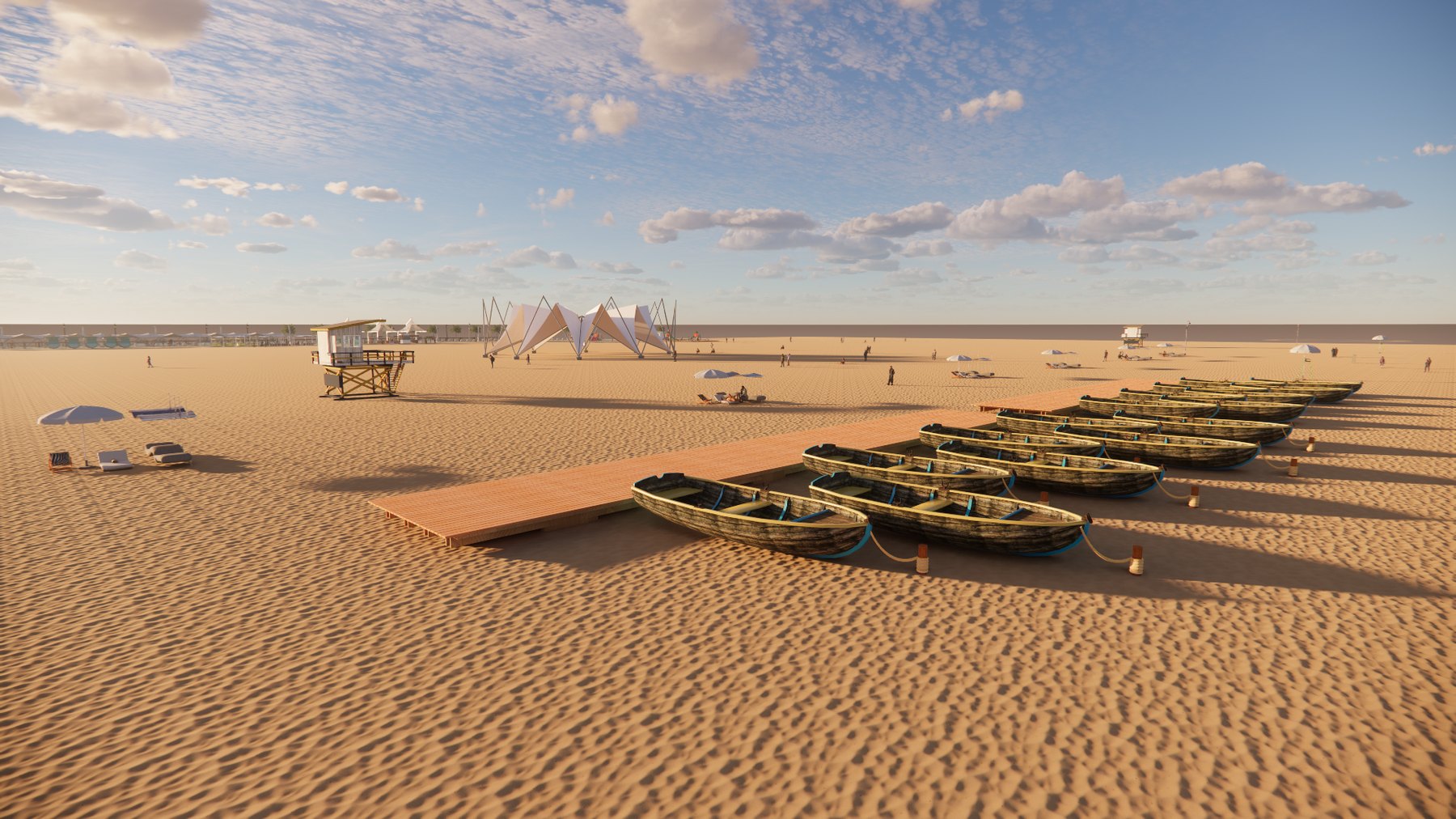 Wooden pier with moored boats, lifeguard tower and canopy