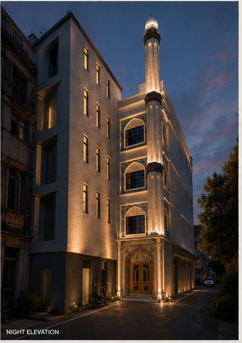 Night elevation of a mosque with an illuminated minaret and tiled arched windows