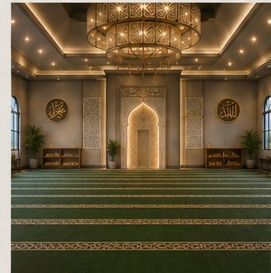 Prayer hall with green carpet, arches and a chandelier