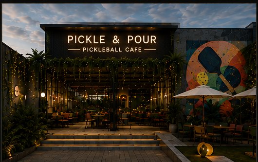 Café entrance at dusk framed by planting, signage and warm string lighting