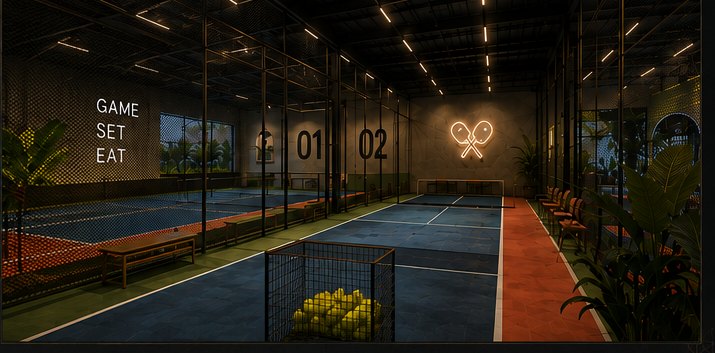 Indoor pickleball courts with mesh screens and graphic numbering