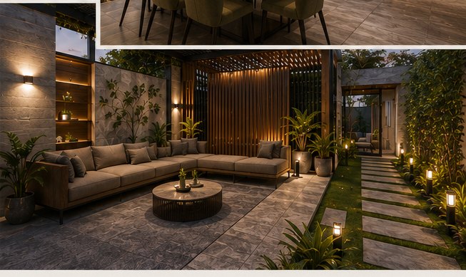 Planted side court with a lit lounge and timber pergola
