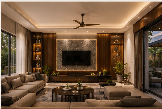 Living room with battened timber walls and a stone media wall